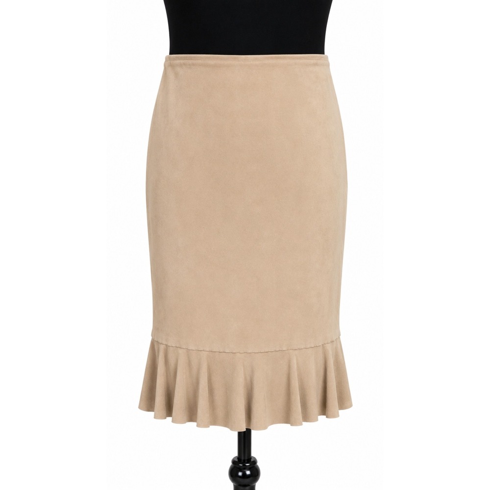 Ann Taylor Loft Womens Flared Hi Low Ruffled Hem Skirt Sz 8 Beige Suede Leather - Picture 1 of 10